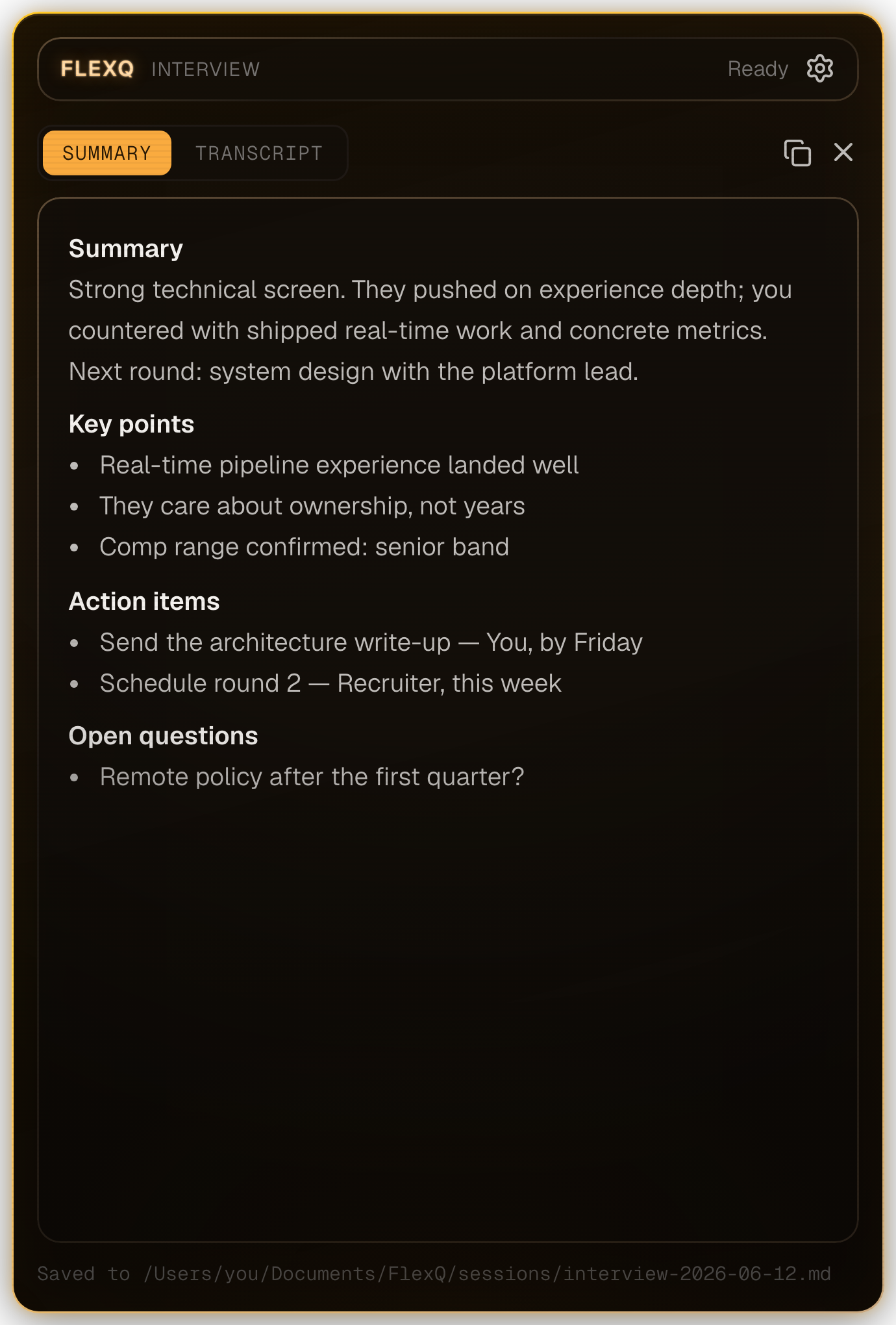 FlexQ session summary with action items and full transcript